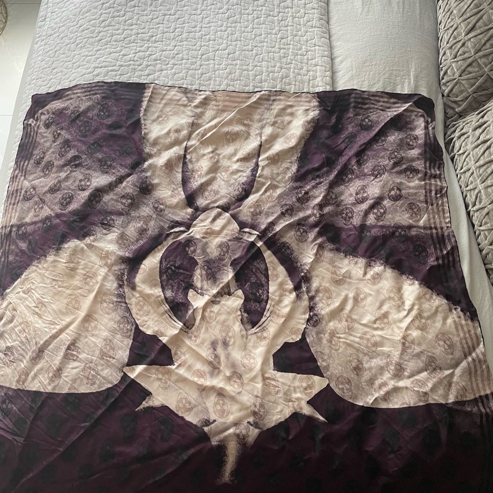 Luxurious Purple and Cream Silk Skull Scarf by Alexander McQueen.